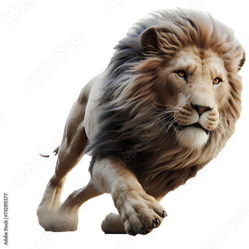 Fototapeta Naklejka Na Ścianę i Meble -  3D Majestic african lion running towards camera. Isolated on white background.