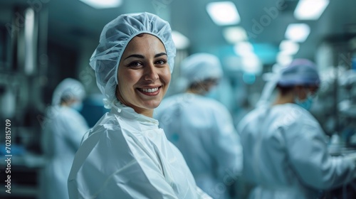  smiling of female, factory employee standing in white coat. © banthita166