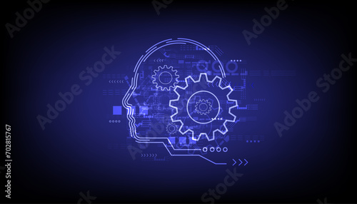 Vector illustration of human head with cogwheel gear in side on dark bule background. Creativity, innovation and technology concept. photo