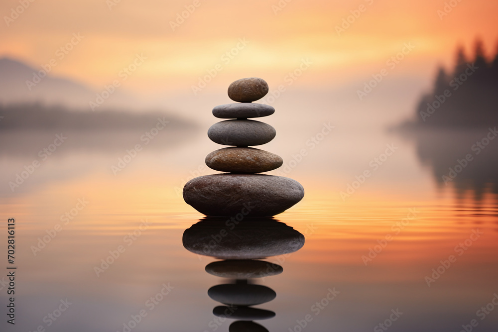 Sunset Serenity with Zen Stone Stack by the Lake Sunset Serenity with Zen Stone Stack by the Lake