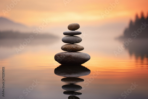 Sunset Serenity with Zen Stone Stack by the Lake