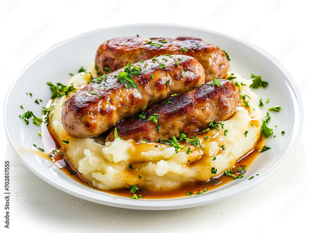 Bangers and mash isolated on white background. British traditional food. Bangers and mash isolated on white background. British traditional food.