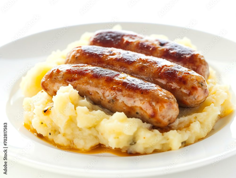 Bangers and mash isolated on white background. British traditional food. Bangers and mash isolated on white background. British traditional food.