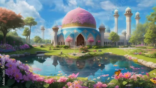 Beautiful mosque with summer panorama, seamless Animation video background in 4K Resolution photo