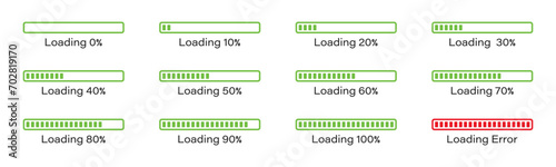 Percentage loading bar infographic icon set 0-100% in green colour. set of percentage loading bar  10%, 20%, 70, 90%, 100% in green color. Rectangle bar percent loading and process symbols collection.