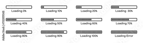 Percentage loading bar infographic icon set 0-100% in black colour. Rectangle bar percent loading and process symbols collection. Set of percentage loading bar  10%, 20%, 70, 90%, 100% in black color. photo