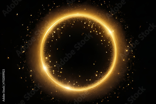 Gold glittering circle frame on black background. Christmas and New Year concept