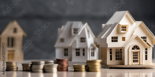Real estate investment and saving money concept, house model and coins stacks