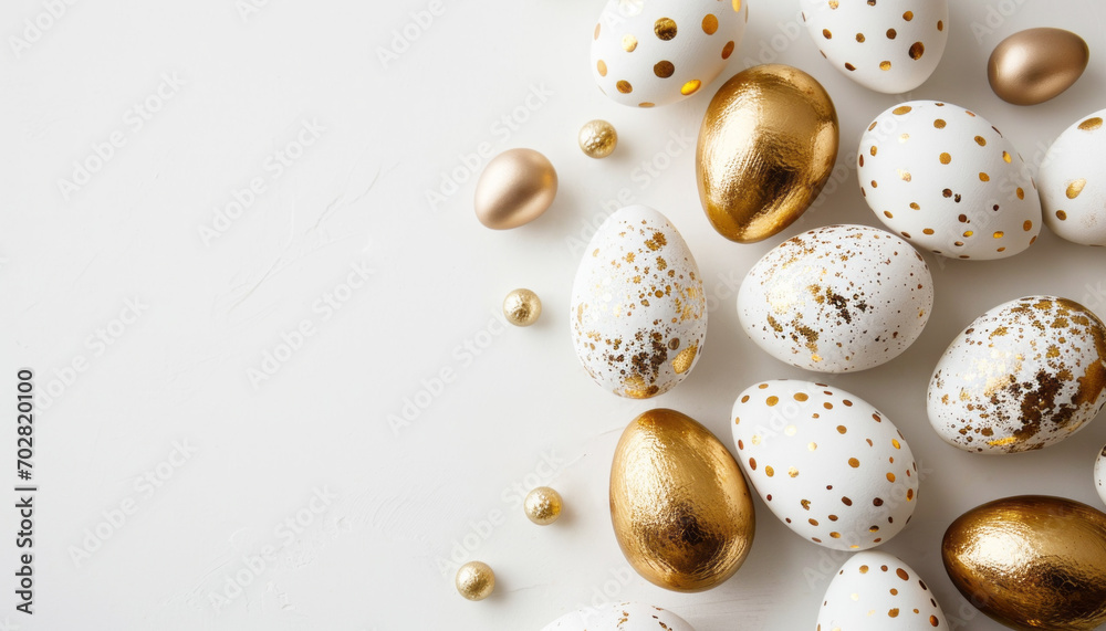 Beautiful easter background with painted golden decoration on easter eggs on white table. Top view and flat lay style. - obrazy, fototapety, plakaty 