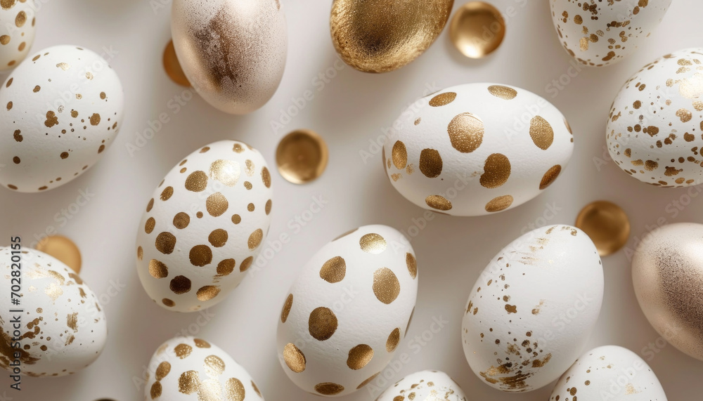 Easter festive background with painted golden decoration on easter eggs on white table. Top view and fashion flat lay style. Easter festive background with painted golden decoration on easter eggs on white table. Top view and fashion flat lay style.