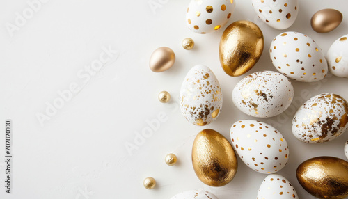 Beautiful easter background with painted golden decoration on easter eggs on white table. Top view and flat lay style. © juliasudnitskaya