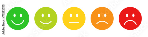 Rating emojis set in different colors. Feedback emoticons collection. Very happy, happy, neutral, sad and very sad emojis. Flat icon set of rating and feedback emojis icons in various colors.
