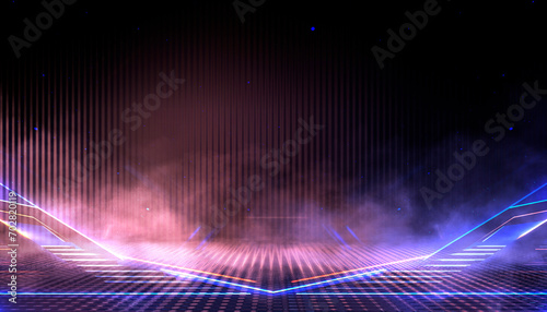 Dark abstract modern neon background. Empty night neon scene with rays of light, smoke, smog, disco background, spotlights. Reflections of rays on a wet surface. 3D illustration.