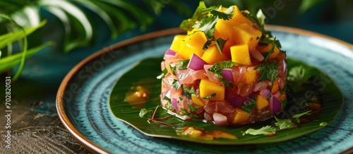 Tropical gourmet tuna mango salad tartar with cilantro and purple onion, served on blue plate with tropical leaves. photo