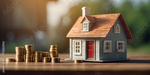Real estate investment and saving money concept, house model and coins stacks