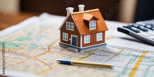 Miniature house on map with pencil and calculator. Real estate concept