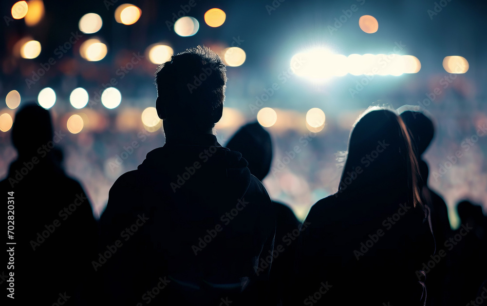 Fans' silhouettes against an illuminated stadium background,close up Fans' silhouettes against an illuminated stadium background,close up