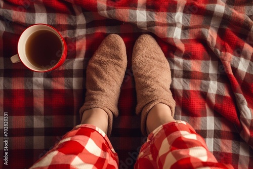 Cozy woman in knitted winter warm socks and in pajamas holding a cup of hot cocoa during resting on checkered plaid blanket at home in winter time. Cozy time and winter drinks. Top view