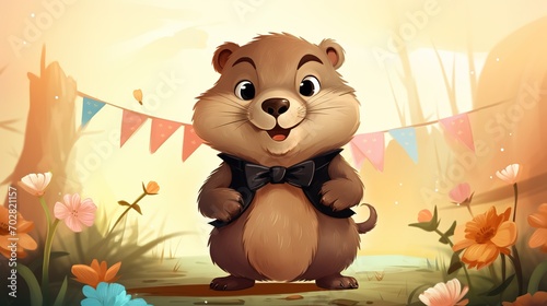 Cute cartoon illustrations of Groundhog Day in the background,generated with AI. 