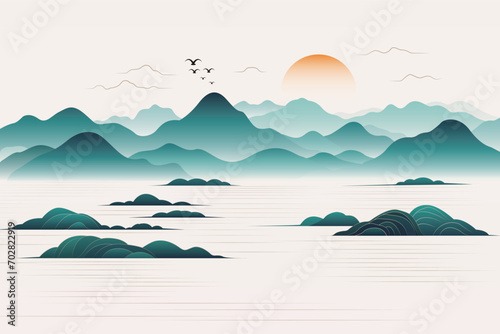 Minimalist lines new Chinese sunrise impression landscape vector illustration © Mulin