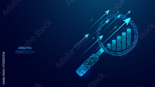 Illustration of the concepts of data analysis, financial analysis and business analysis. Abstract design of magnifying glass, growing bar graph and upward arrow in blue low poly style.