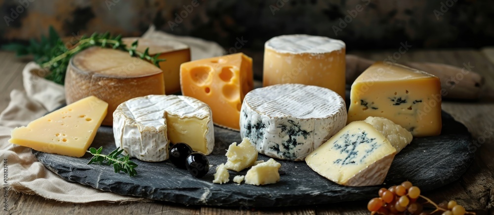 Assorted cheese on stone table Assorted cheese on stone table