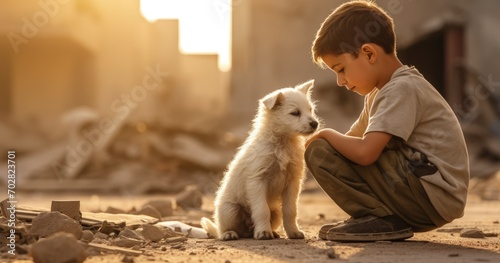 Young Arab child in war-torn country with a small white puppy. Bombed out city background with displaced little kid and dog saved from the rubble after a battle. photo