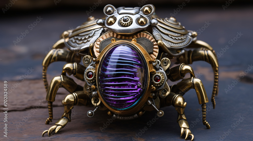 A metallic scarab with gleaming amethyst eyes