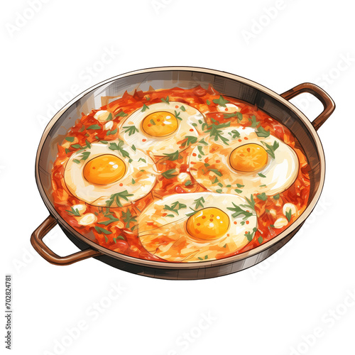 Shakshuka dish watercolor illustration png isolated on a transparent background, clipart 
 fried eggs in a pan with tomato sauce