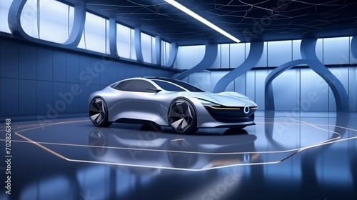 A futuristic sleek and dynamic design car in a garage.