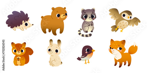Cartoon woodland baby animals set. Vector collection of cute forest mammals for kids.