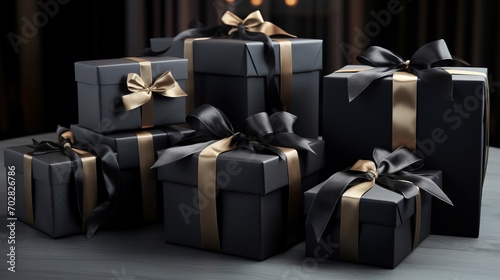 A group of black and gold wrapped presents