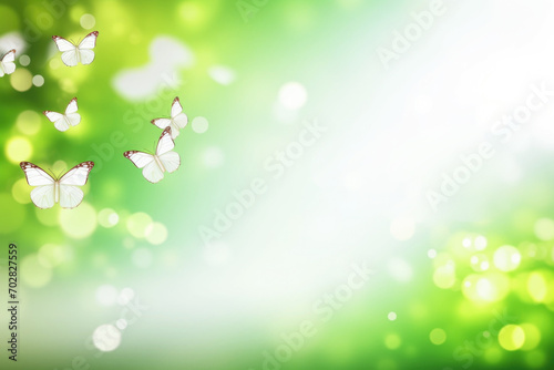 Green spring background with butterflies, bokeh lights and space for text