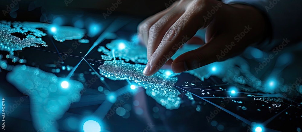 Hand of Businessman touching hologram screen with world map background NLP Natural Language Processing cognitive computing technology concept. with copy space image. Place for adding text or design - obrazy, fototapety, plakaty 