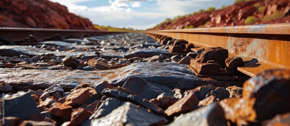 Iron Ore Train Rails Pilbara Australia. with copy space image. Place for adding text or design
