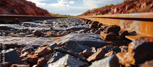Iron Ore Train Rails Pilbara Australia. with copy space image. Place for adding text or design photo