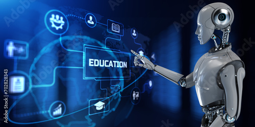 Education automation e-learning. Robot pressing button 3d render. © Murrstock