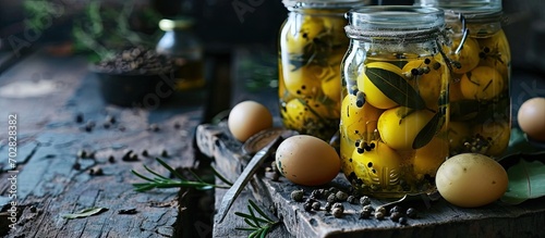 Homemade pickled eggs with apple vinegar coriander seeds bay leaves black peppercorn in a glass jar. with copy space image. Place for adding text or design photo