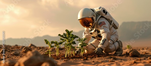 Medium shot of a a scientist planting seedlings on a Martian base. with copy space image. Place for adding text or design photo