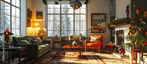 Interior of beautiful living room decorated for Hanukkah. with copy space image. Place for adding text or design photo