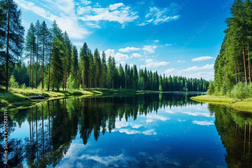 Panoramic view of beautiful forest lake in Russia