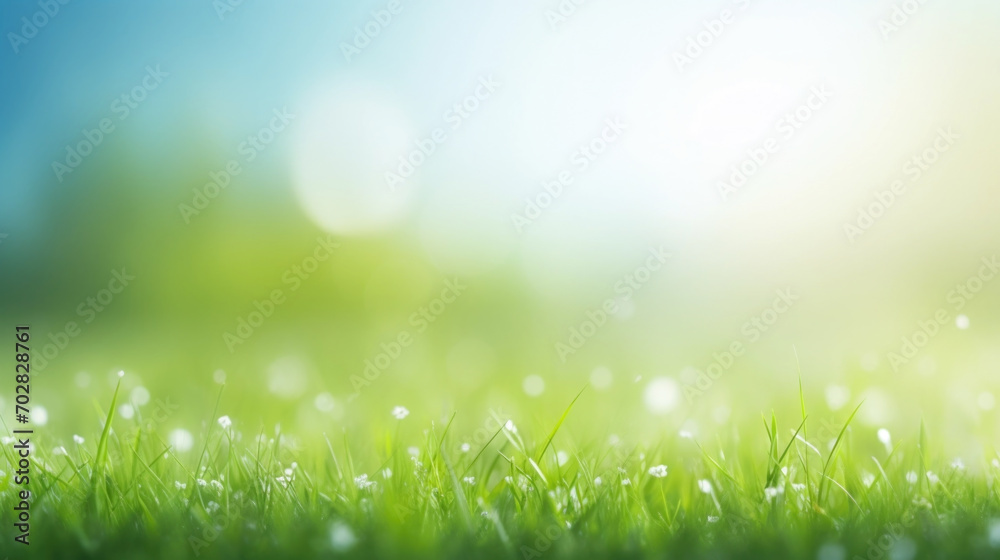 Fototapeta premium Beautiful sunny spring meadow with green grass and blue sky. Abstract background with light bokeh and space for text.