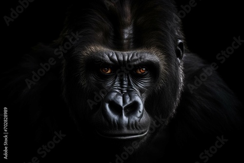 Portrait face powerful dominant male gorilla on black background, Beautiful Portrait of a Gorilla. severe silverback, anthropoid ape, stern face. isolated black background,Generative AI  © muhmmad