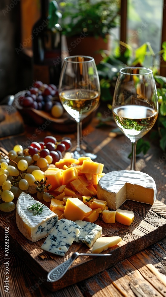 Cheese plate with glasses of white wine on table
