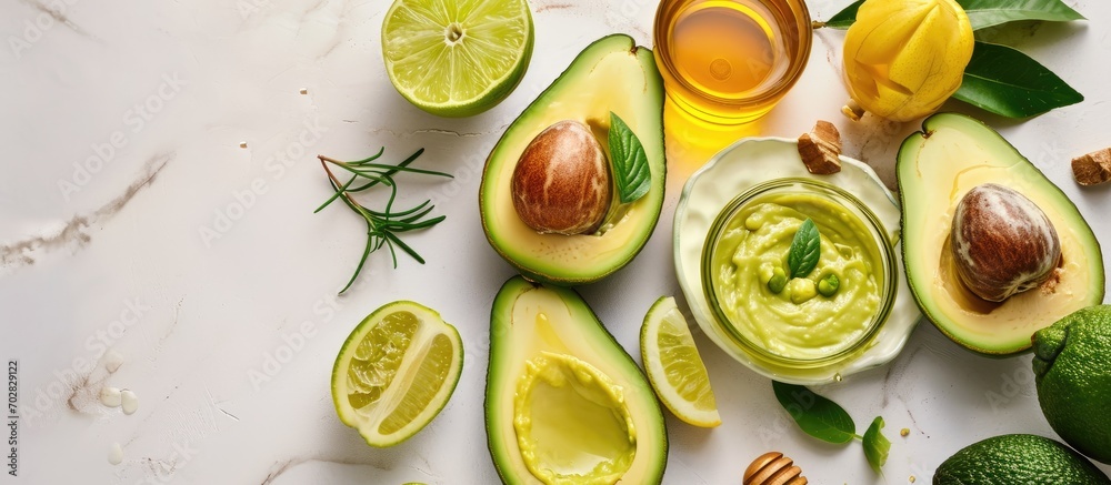 Homemade cosmetic mask with fresh avocado green lime slices fruits ingredients on white desktop jars with essential oil and honey skincare hair treatment. with copy space image Homemade cosmetic mask with fresh avocado green lime slices fruits ingredients on white desktop jars with essential oil and honey skincare hair treatment. with copy space image
