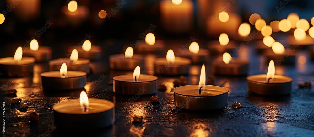 Many candle flames glowing in the dark create a spiritual atmosphere. with copy space image. Place for adding text or design Many candle flames glowing in the dark create a spiritual atmosphere. with copy space image. Place for adding text or design