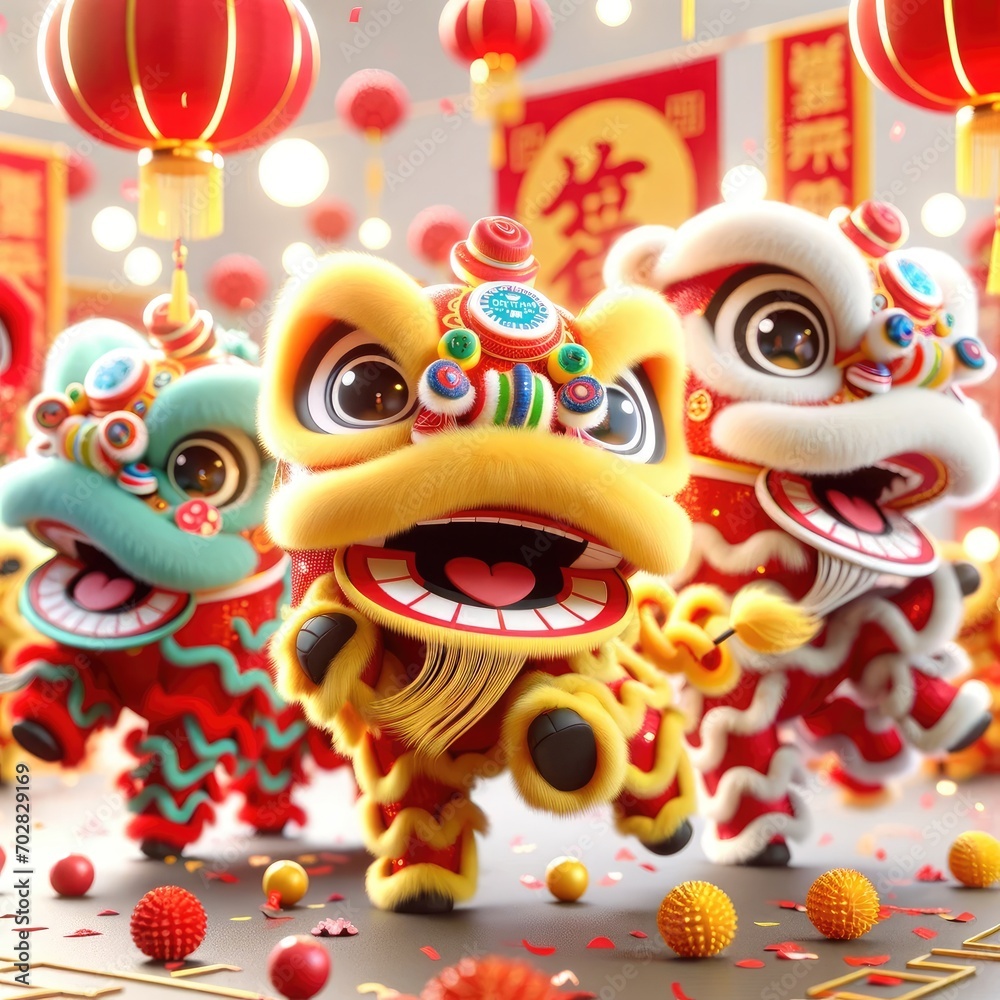 Cute Lion Dances, Celebrate Chinese New Year. Chinese Culture.