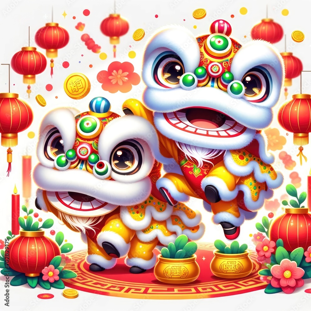 Cute Lion Dances, Celebrate Chinese New Year. White Background