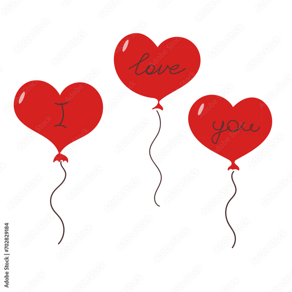 Balloons for Valentine's Day in the shape of hearts, vector illustration. Icon element on white background, hand drawn. Design for gifts, invitations, frames, banners, menus, labels and websites.