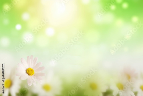 Beautiful daisy flowers on sunny spring meadow. Background with light bokeh and space for text.
